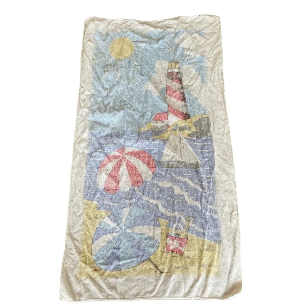 Vintage Beach Scene Towel Terry Cloth Lighthouse Seagulls Sailboat 46x25 Stains